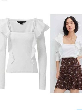 Veronica Beard White Long-Sleeve Ruffle Poplin Square-Neck Top
